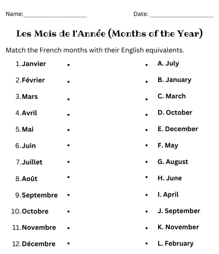 Months of the year in french exercises - Months of the year French Worksheet