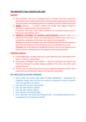 The Merchant's Tale - Summary Revision Sheets