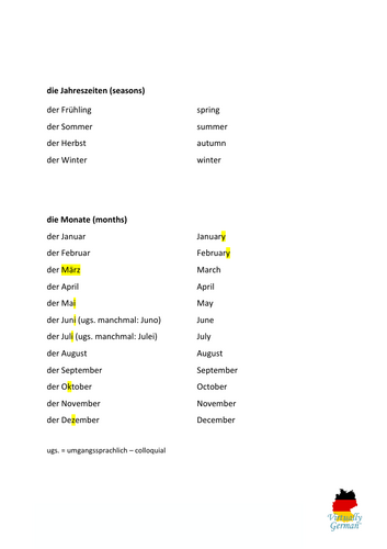 German Seasons Months Weekdays and Time Markers