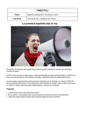 AQA A-Level Spanish Speaking Cards: Jóvenes de Hoy, Ciudadanos del Mañana