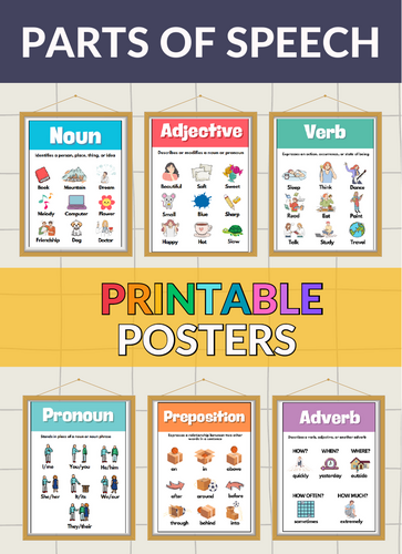 Parts of Speech Printable Poster Set | 9 parts of speech Posters.