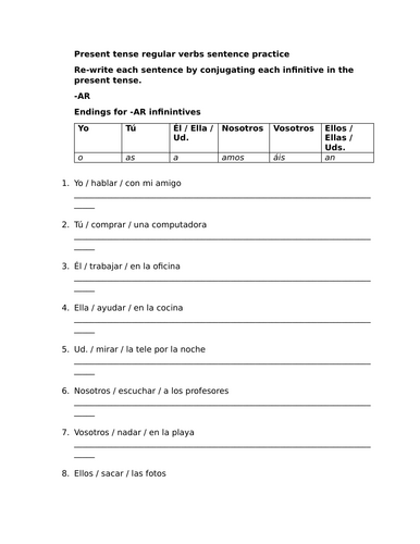 Present tense regular verbs sentence practice