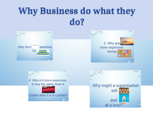 Business Fun / Cover Lesson Quiz making - Why Do Businesses Do what they do?