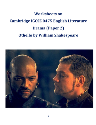 Worksheets on Othello by Shakespeare for the iGCSE 0475 Paper 2 (Drama)