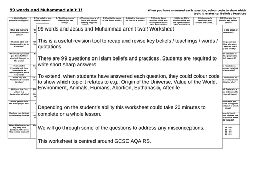 GCSE RS AQA Islam revision worksheet