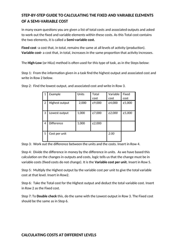 HILO method-calculating fixed and variable elements of a production cost