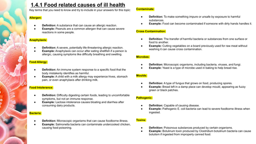 WJEC L1/2 Hospitality and Catering Food related causes of ill healthy - Literacy