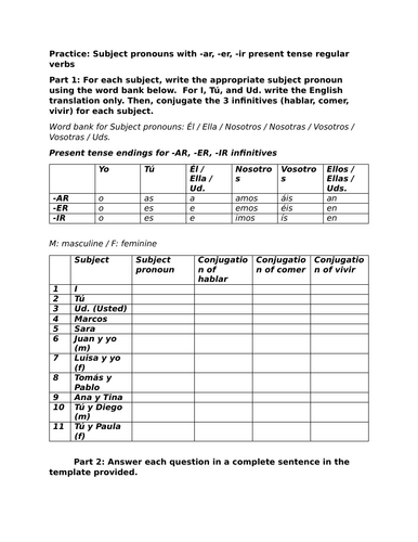 Practice: Subject pronouns with -ar, -er, -ir present tense regular verbs