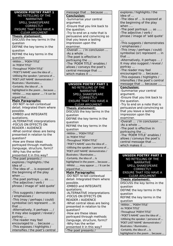 AQA English literature Unseen Poetry Structure Strips