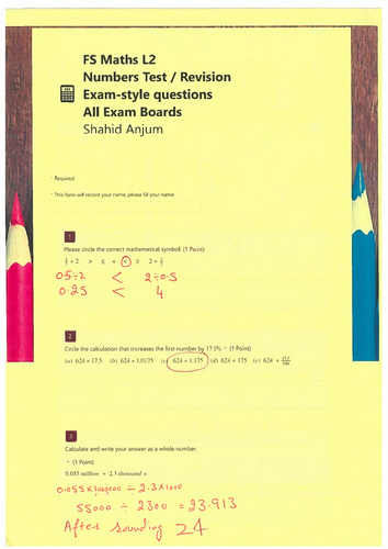 FS Maths L2 Numbers Solved Test Rev Exam