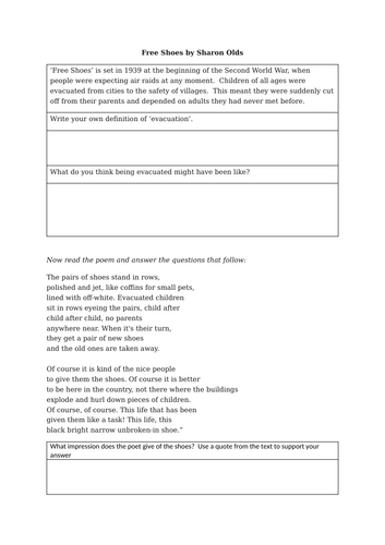 Free Shoes by Sharon Olds War Poem KS3 Comprehension and Writing Activities