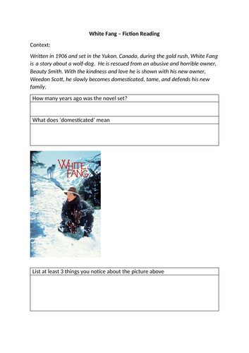 White Fang by Jack London Adventure Novel Comprehension Textual Analysis and writing KS3