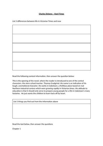 English KS3 / KS4 Charles Dickens Hard Times Comprehension, analysis and writing task