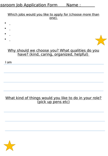 Classroom Job Application Form