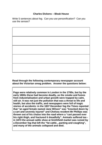 Charles Dickens Bleak House KS3 Comprehension task and Fog Personification writing task