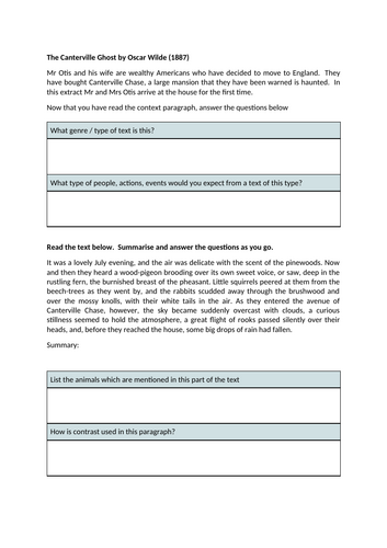 Oscar Wilde Canterville Ghost KS3 Comprehension and Writing Activity