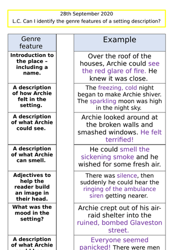 Archie's War Setting Description Slides and Plan World War LSK2