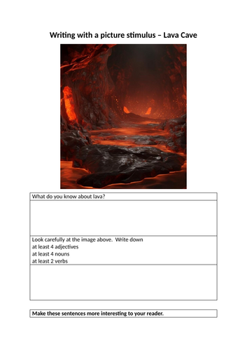 English KS3 or KS4 Original Writing / Picture Stimulus Lava Caves using sensory language