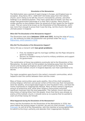 Dissolution of Monasteries : Henry VIII