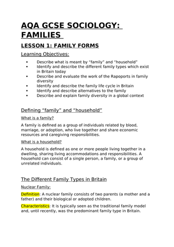 AQA GCSE Sociology Families Lesson 1: Family Forms