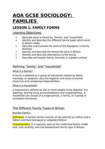 AQA GCSE Sociology Families Lesson 1: Family Forms | Teaching Resources