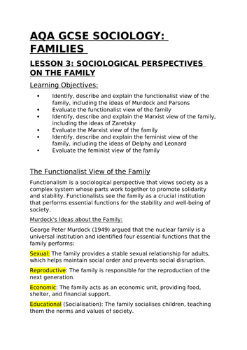 AQA GCSE Sociology Families Lesson 3: Perspectives on the Family