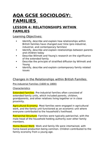 AQA GCSE Sociology Families Lesson 4: Relationships within Families