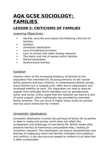 AQA GCSE Sociology Families Lesson 5: Criticisms of Families