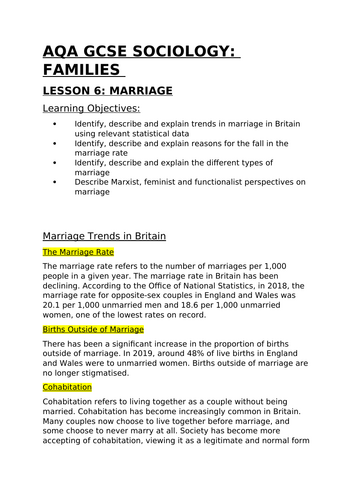 AQA GCSE Sociology Families Lesson 6: Marriage