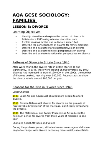 AQA GCSE Sociology Families Lesson 8: Divorce