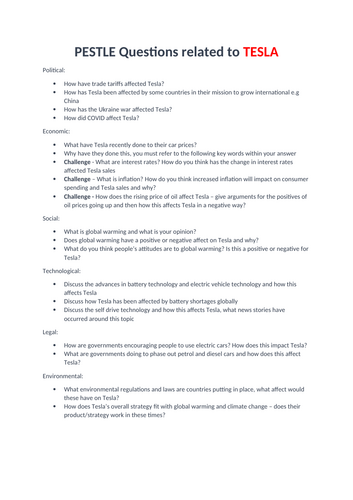 IGCSE Business Edexcel - 1.7 PESTLE Factors - Qs on Tesla