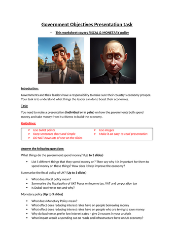 IGCSE Business - Role of Government Fun Worksheet - (Monetary & Fiscal)
