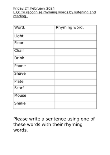 Rhyming words worksheet