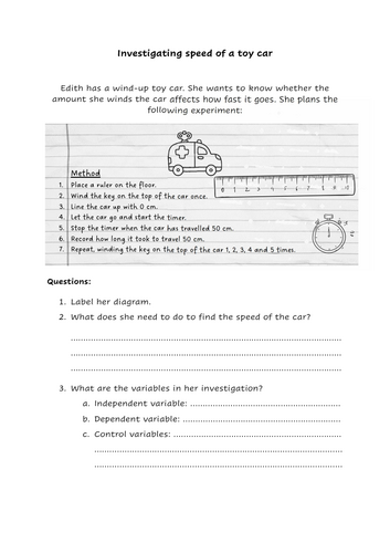 Investigating speed of a toy car - analysing experiments and drawing graphs homework sheet