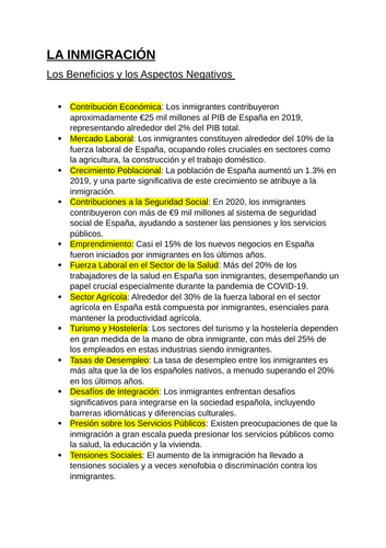 La Inmigración - Facts for AQA A-Level Spanish