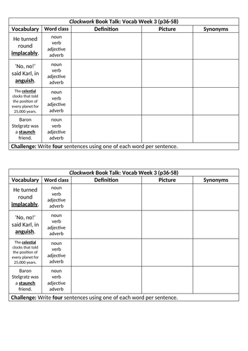 Clockwork by Philip Pullman vocabulary task and comprehension questions