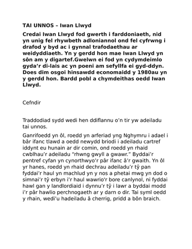 "Tai Unnos" Llenyddiaeth Gymraeg TGAU