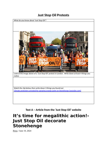 Just Stop Oil Stonehenge Non Fiction Texts Comprehension and Analysis Language Paper 2