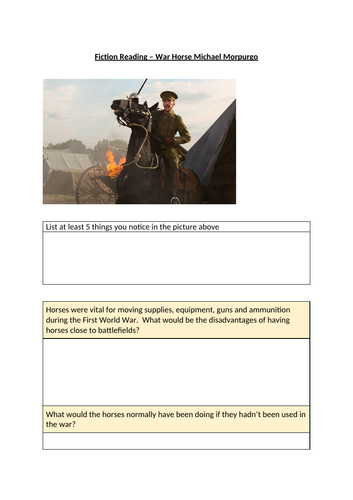 War Horse Extract Comprehension KS3 Language and Structure Analysis with Writing Task