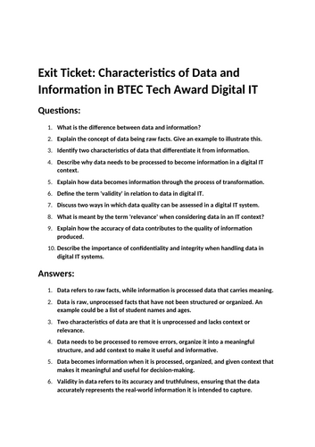 Btec Tech Award Digital IT - Consolidate Questions and Exit Tickets