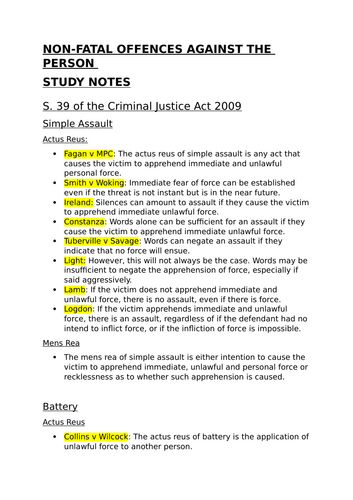 Non-Fatal Offences Against the Person - Revision notes for A-Level Law