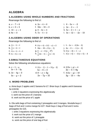 KS2 Mathematics - Algebra Worksheet with answers