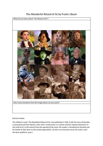 English KS3 / KS4 The Wizard of Oz Extract  Comprehension and Language Analysis and writing task