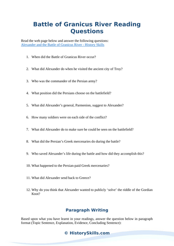 Battle of Granicus River Reading Questions Worksheet