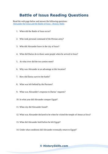 Alexander and the Battle of Issus Reading Questions Worksheet