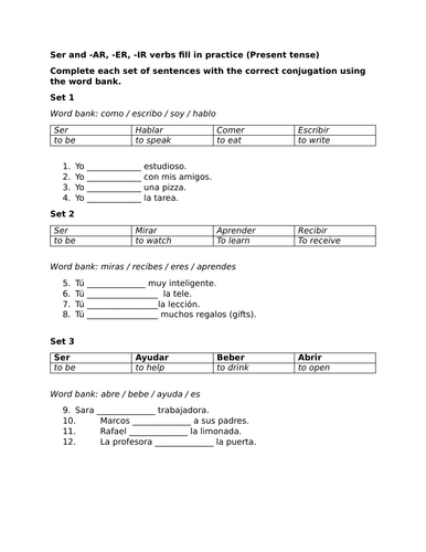 Ser and -AR, -ER, -IR verbs fill in practice (Present tense)