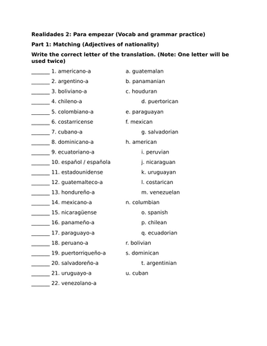 Realidades 2: Para empezar (Vocab and grammar practice)