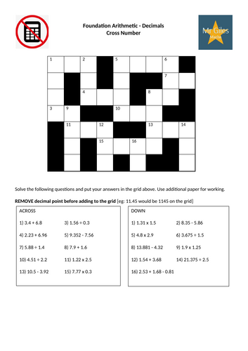 Foundation Arithmetic - Decimals Cross Number