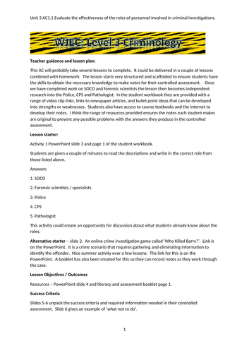 Criminology  Effectiveness of Roles of  Personnel Unit 3 AC1.1 WJEC