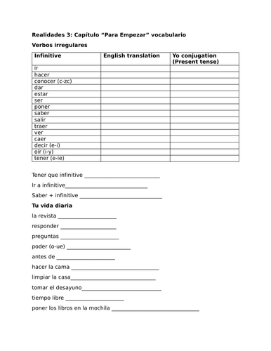 Realidades 3: Capítulo Para Empezar vocab list and verb practice